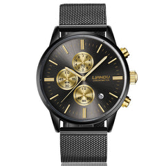 LIANDU Fashion Men's Luxury Chronograph Luminous Black Quartz Watch Simulated Stainless Steel Mesh With Watch